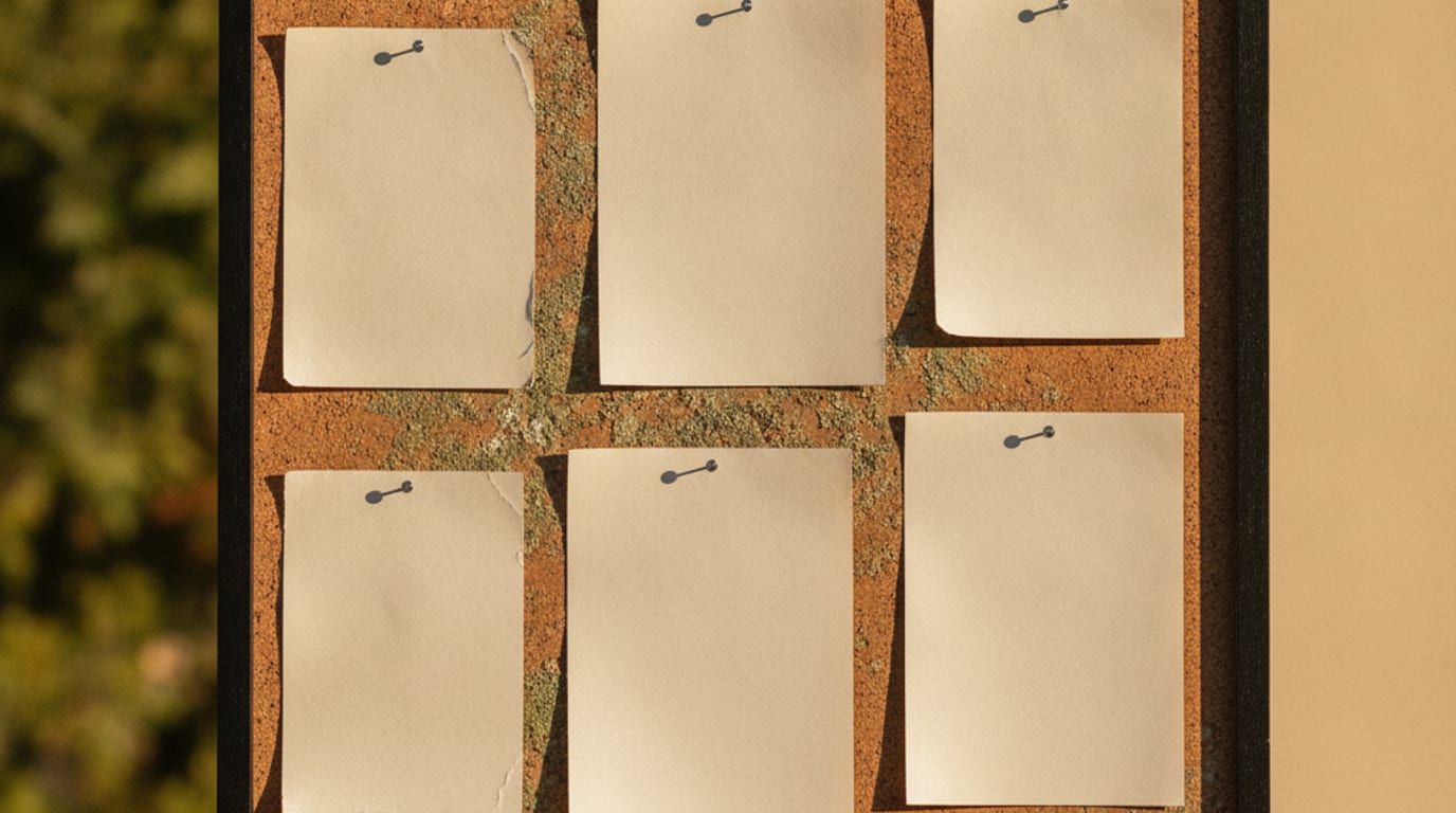 A community noticeboard photographed straight on with blank sheets pinned at slight angles