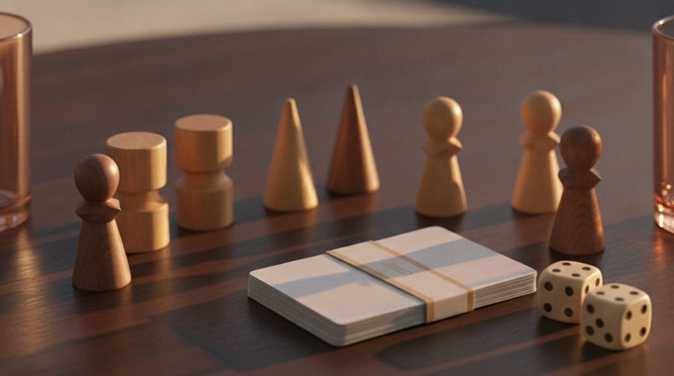 A dark wooden table lit by a low lamp with wooden game pieces, dice and a face-down deck