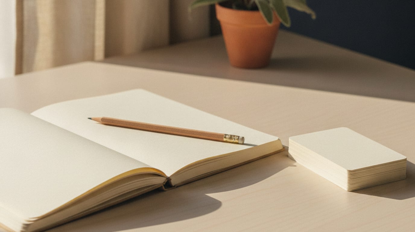 An open blank notebook and a stack of reference cards on a pale desk in warm side light