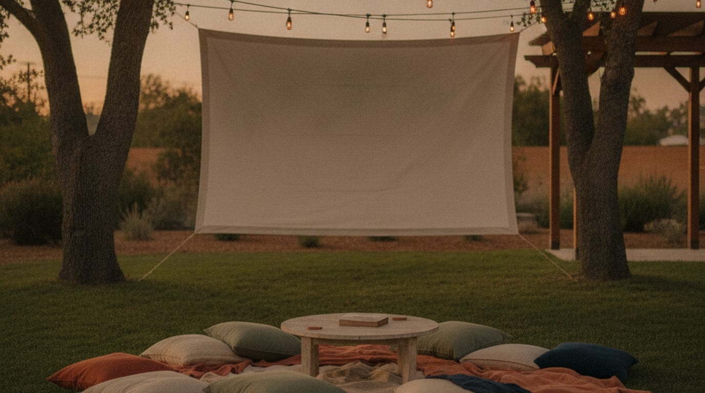 A backyard at dusk with a blank projection sheet strung between trees and blankets on the grass