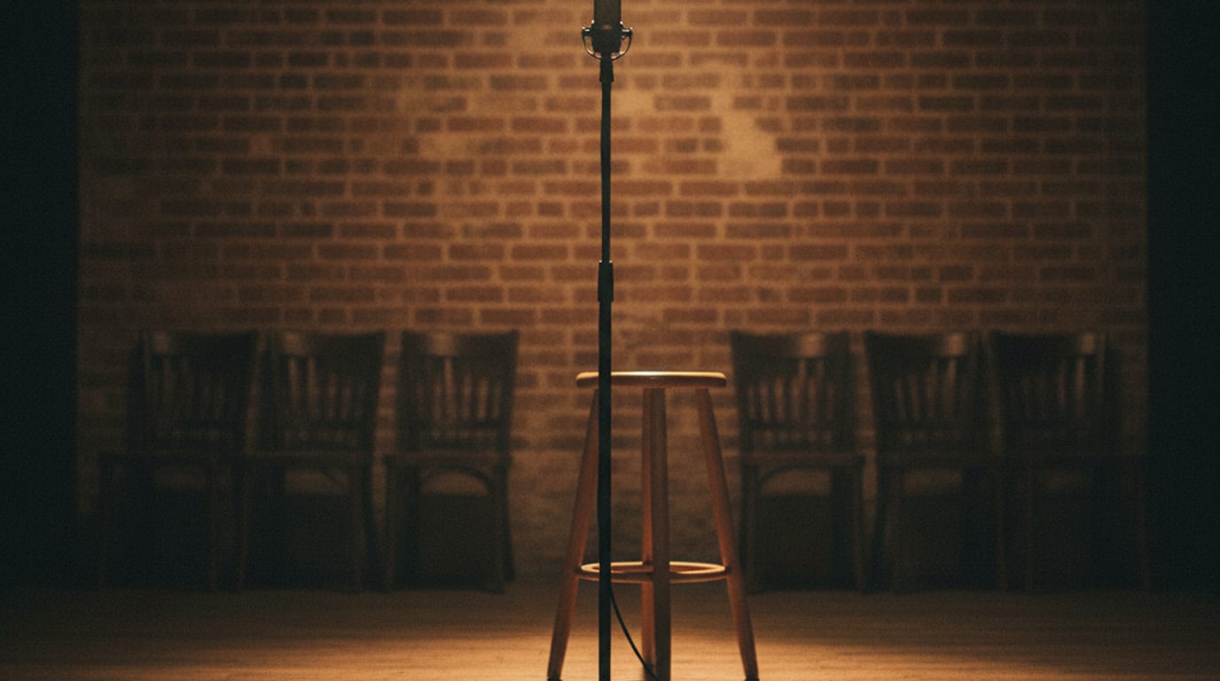 A microphone on a stand in a small dim venue with a stool and a bare brick wall