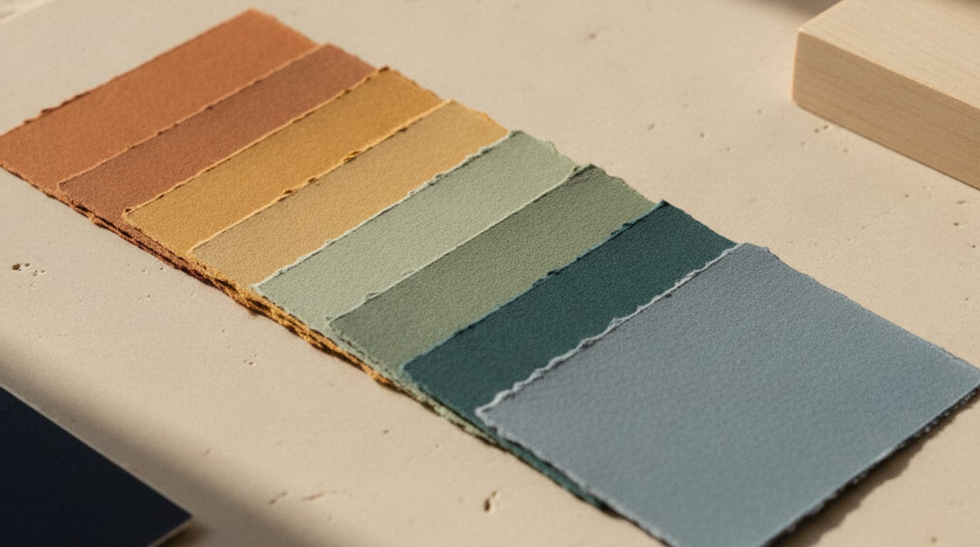 Paper swatches in a considered muted spectrum from rust through sage to dusty blue
