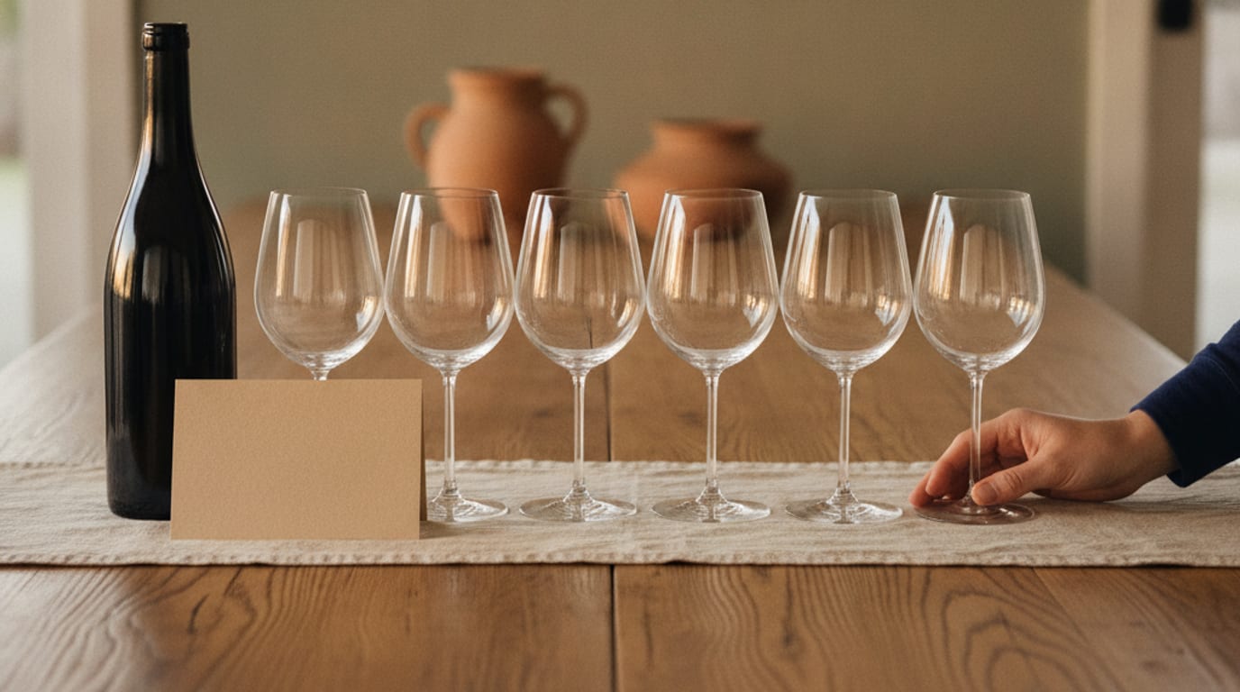 Six wine glasses in a row on a long wooden table with an unlabelled bottle