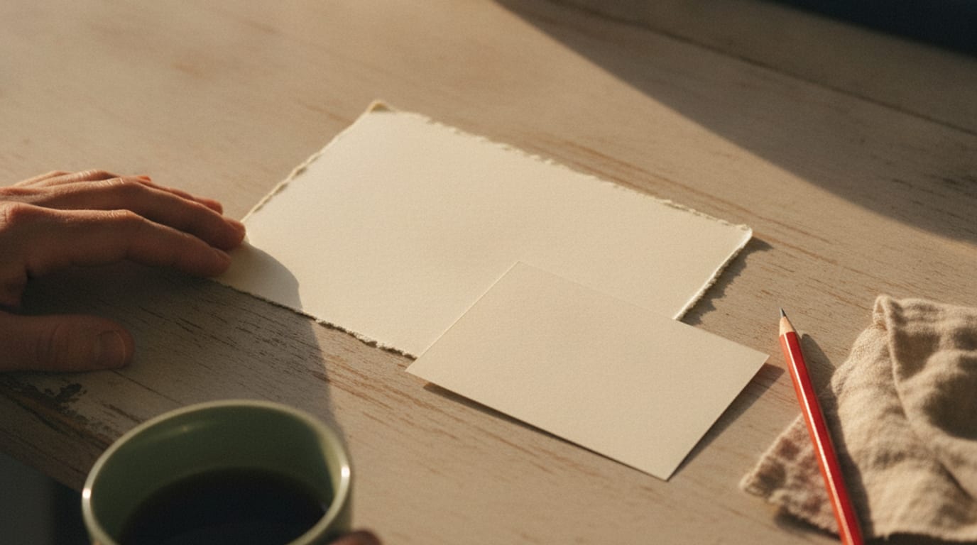 Two blank untrimmed cards on a work table with a red pencil in warm side light.