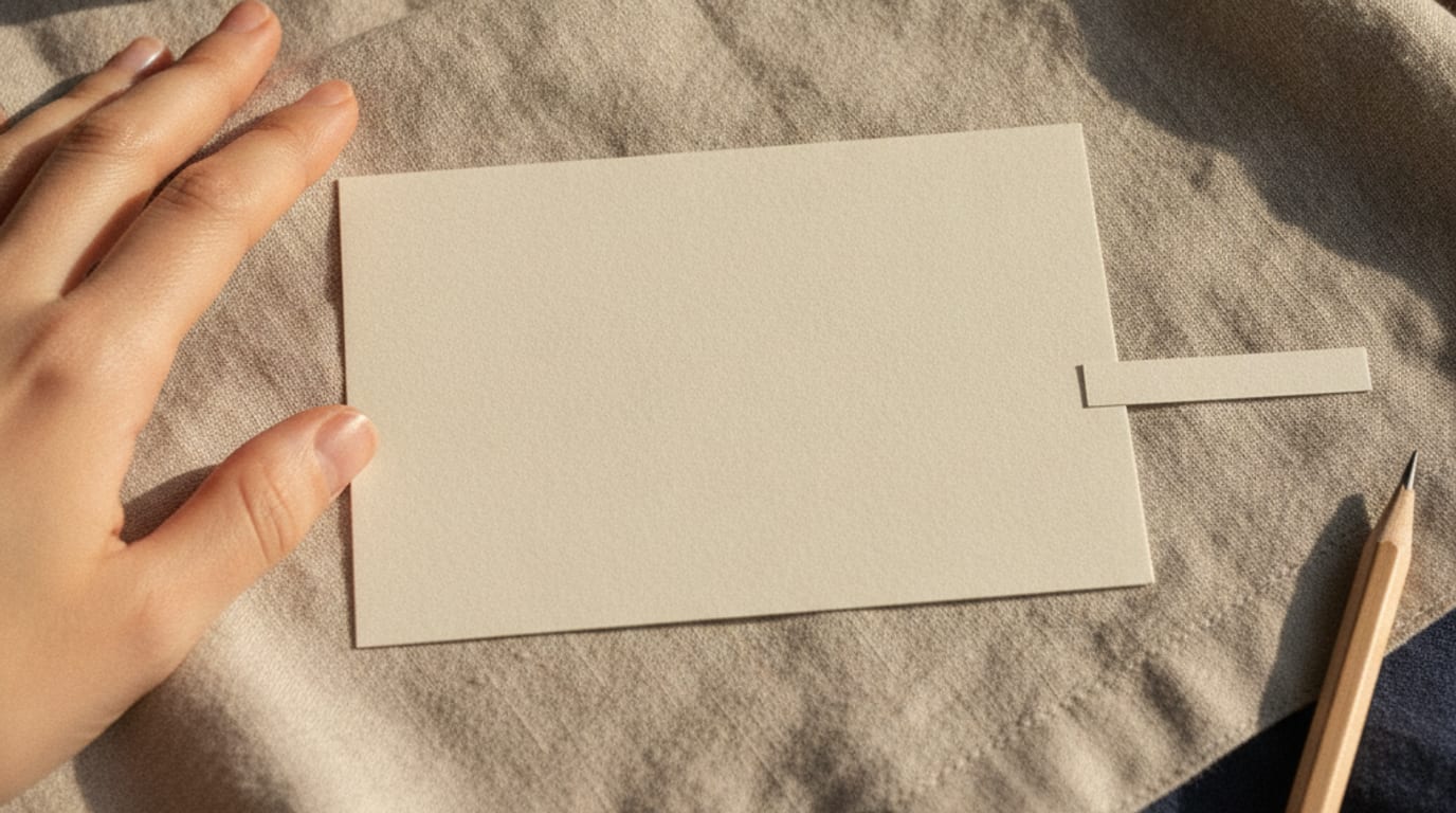 A blank ivory card on linen beside a short paper offcut and a pencil in warm daylight.