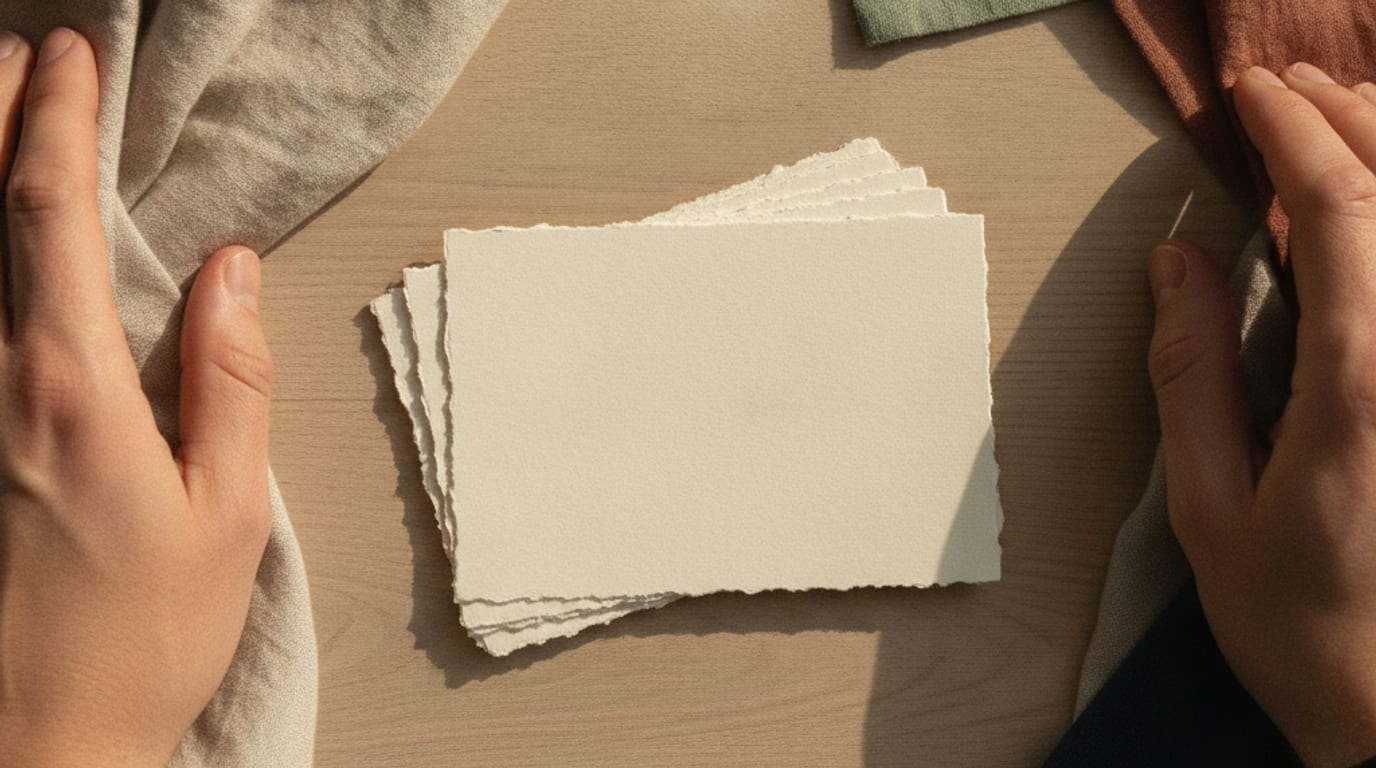 A small stack of blank cream cards sits on pale oak in warm morning light.