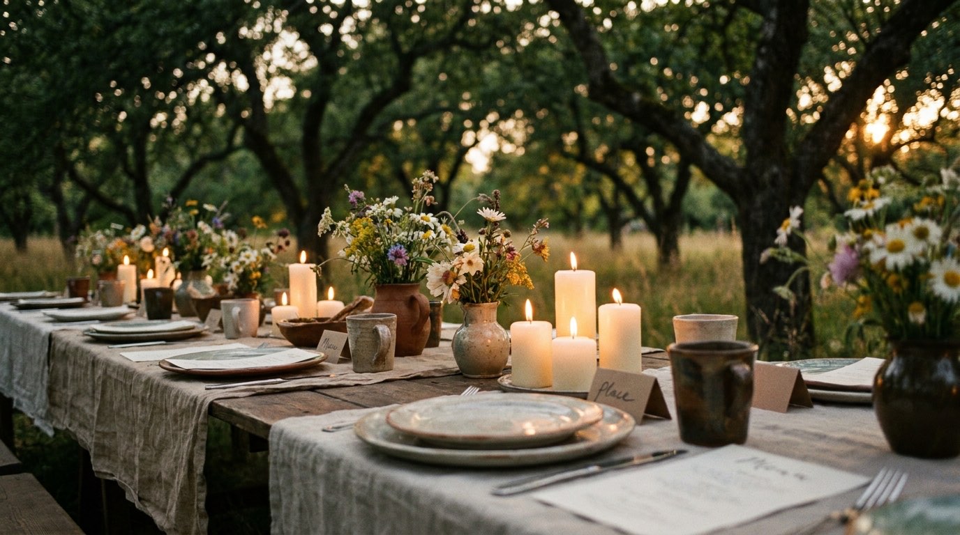 An outdoor celebration table at dusk with candles just lit