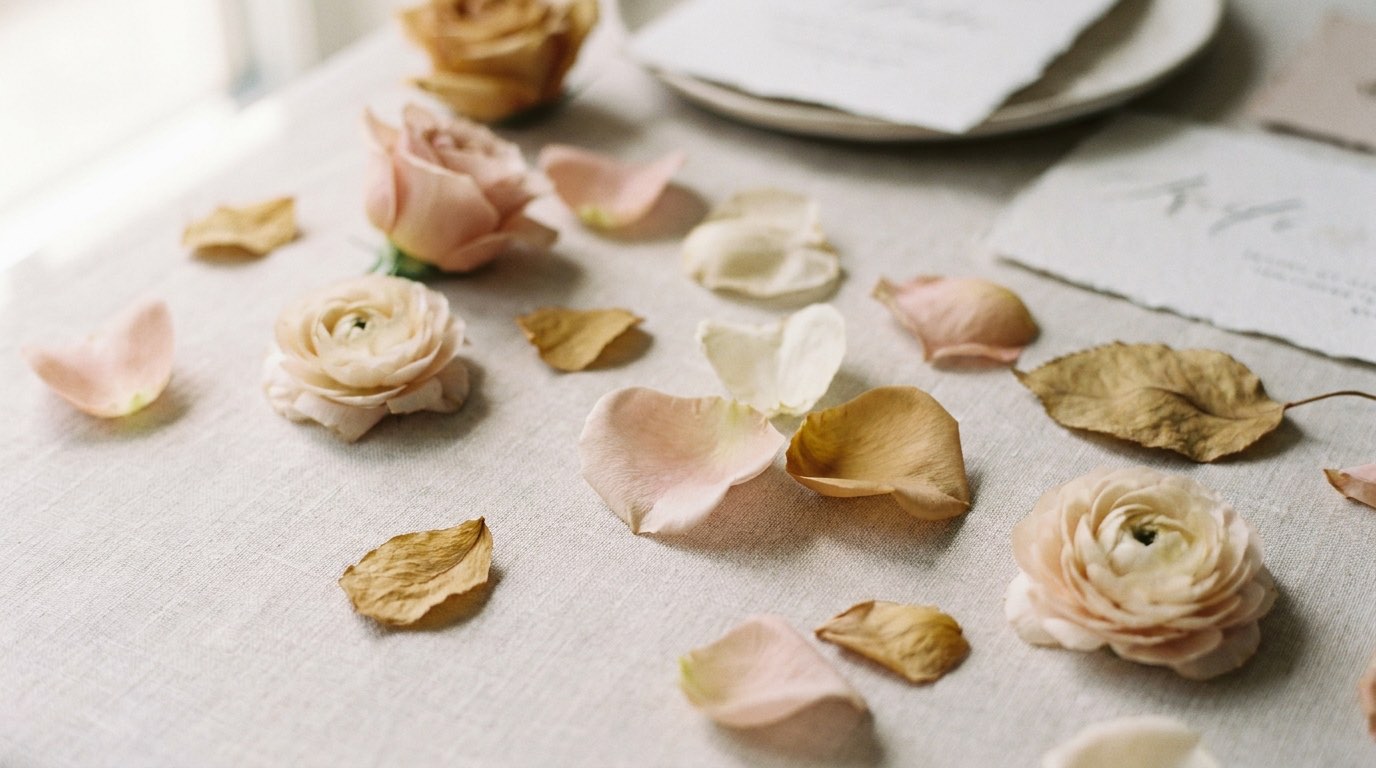 Loose flower petals in blush, cream and soft gold scattered across a pale surface