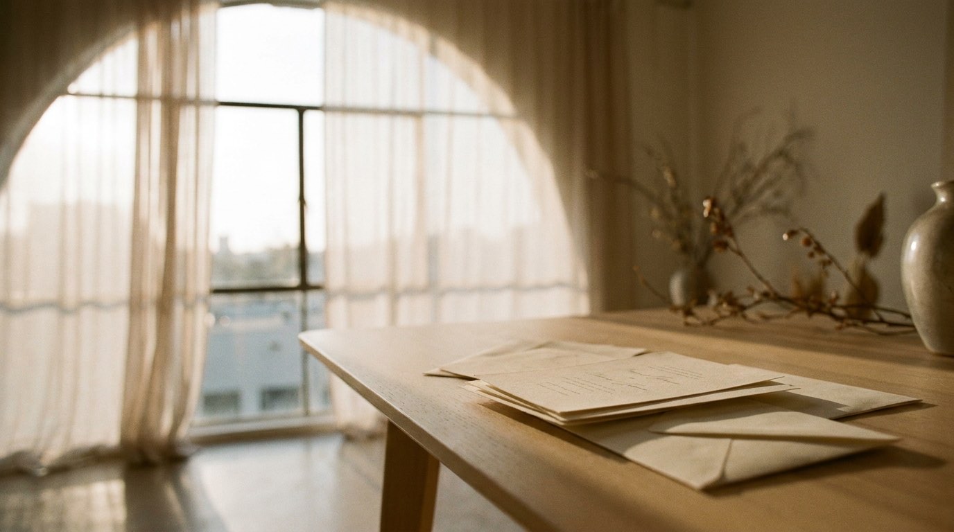 A quiet interior with light falling across a wooden table