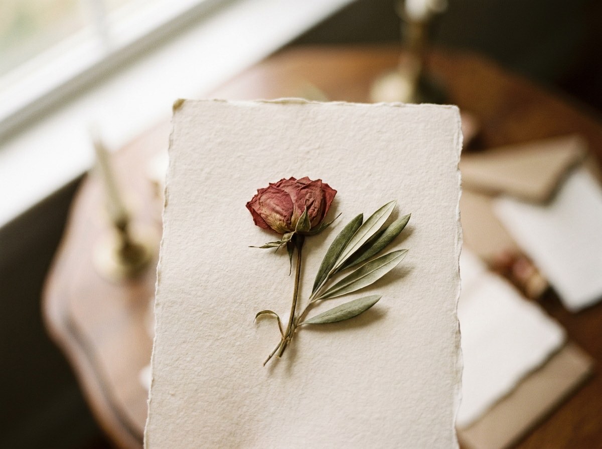 A pressed rose and olive leaves laid on cream handmade paper