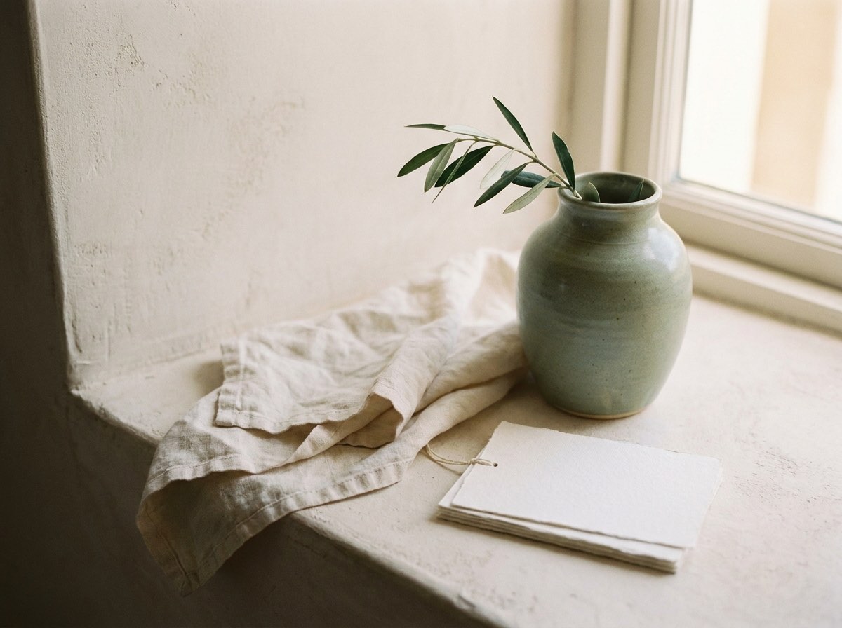 A sage-green ceramic vase with an olive branch beside a stack of cards