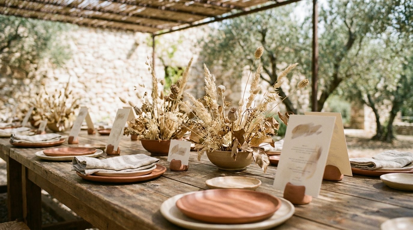 A long outdoor table set in terracotta, clay and cream