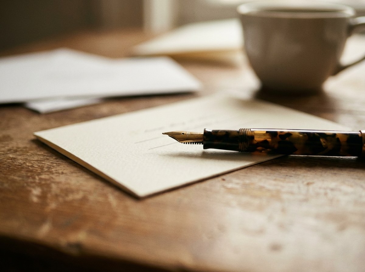 A fountain pen resting on a cream card on a warm wooden surface