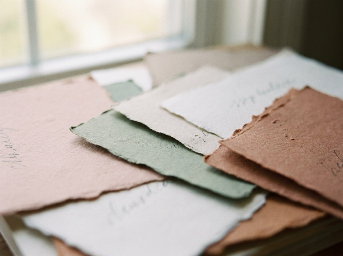 Overlapping paper swatches in blush, sage, bone and clay
